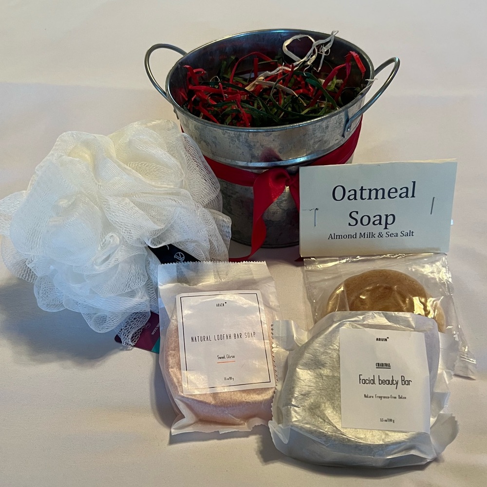 Luxurious Bath Gift Set 3 Bars Soap, Mesh Pouf, Metal Bucket